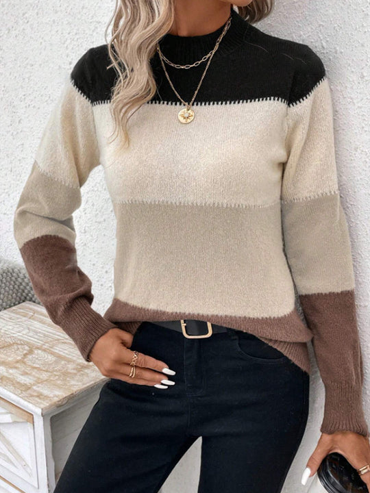 Damen modischer Strickpullover mit trendigem Blockstreifen und steigendem Kragen EB