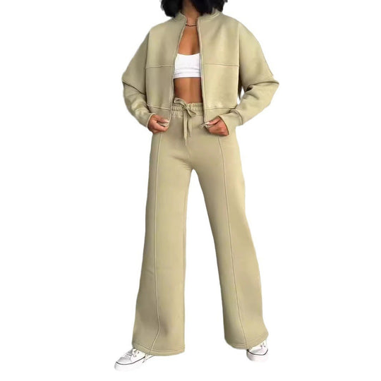 Damen nan kurz geschnittenes Blouson mit Reißverschluss und weiter High-Waist Jogginghose Set EB