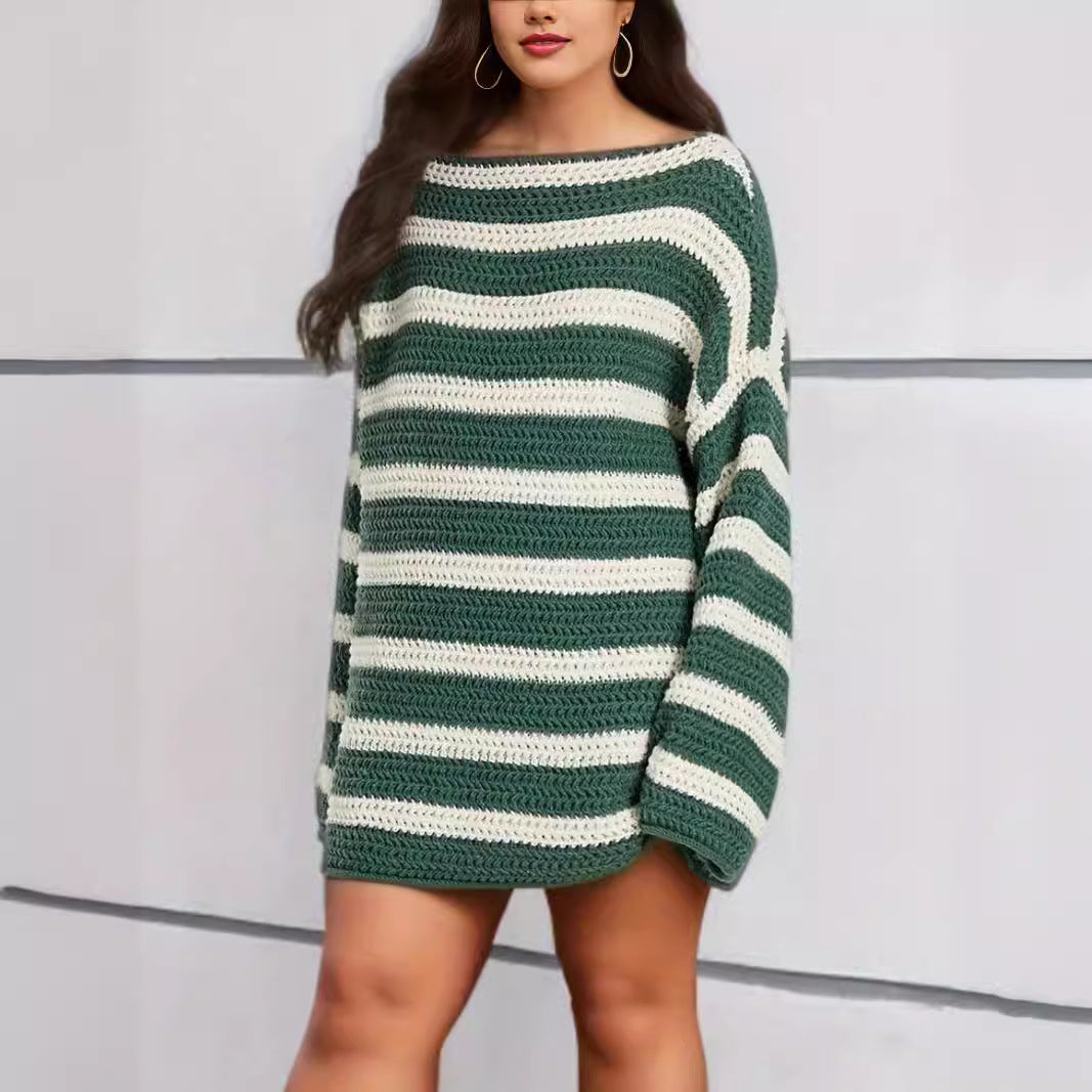 Damen lässiger gehäkelter Pullover mit modernen Blockstreifen EB