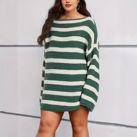 Damen lässiger gehäkelter Pullover mit modernen Blockstreifen EB