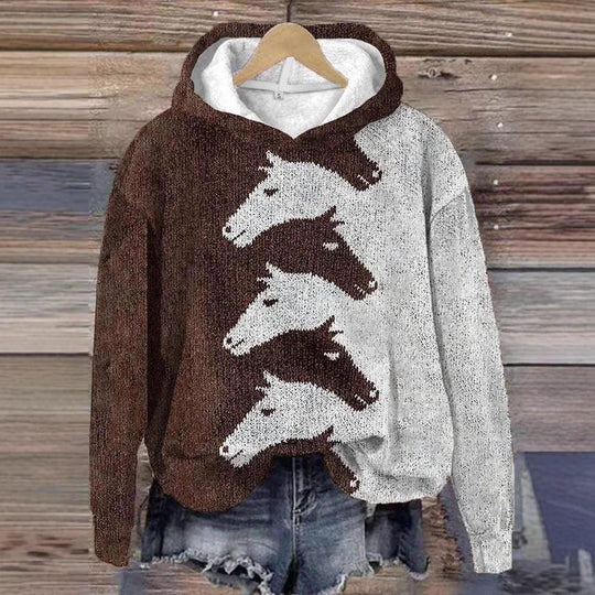 Damen Hoodie mit kreativem Pferdemuster & bequemer Passform | EB