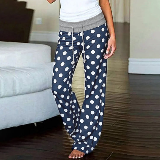 Damen nan ausgestellte Palazzo-Loungehose mit hohem Komfortbund, Kordelzug und gepunktetem Dessin EB