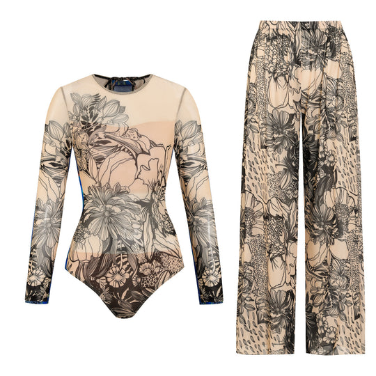Damen Einteiler Badeanzug mit floralem Design und modischen Langarmhosen EB