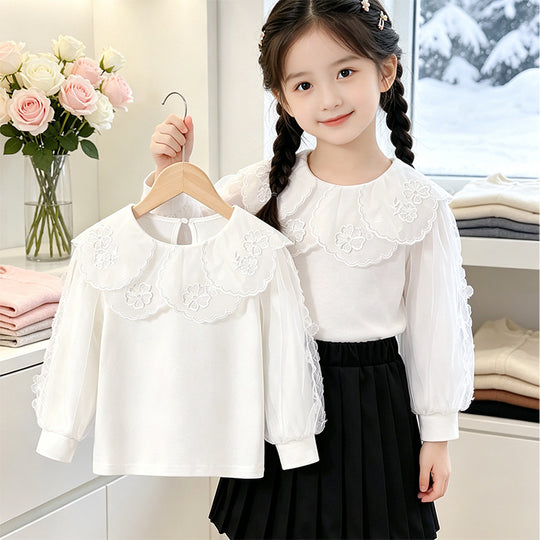 Mädchen elegante Bluse mit verzierter Rückenöffnung und Tüllärmeln EB