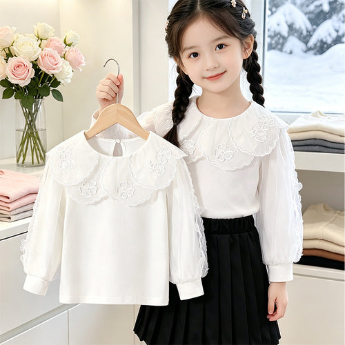Mädchen elegante Bluse mit verzierter Rückenöffnung und Tüllärmeln EB