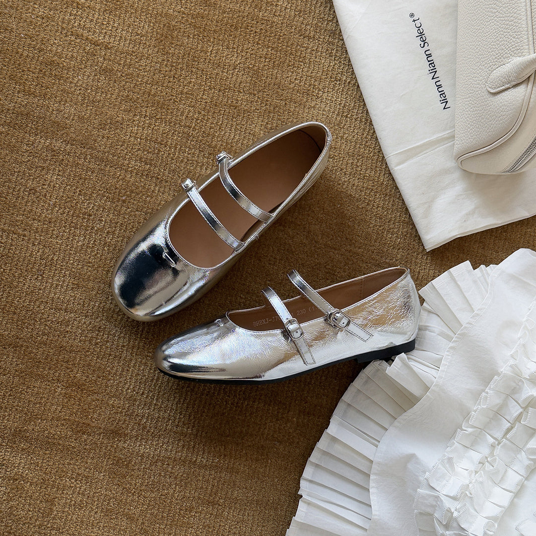 Damen Elegante Ballerinas mit doppeltem Riemchen aus hochwertigem Metallic-Leder EB