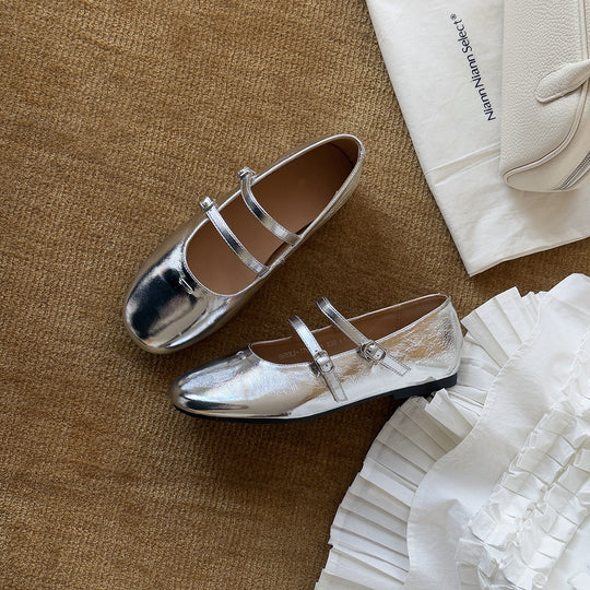 Damen Elegante Ballerinas mit doppeltem Riemchen aus hochwertigem Metallic-Leder EB