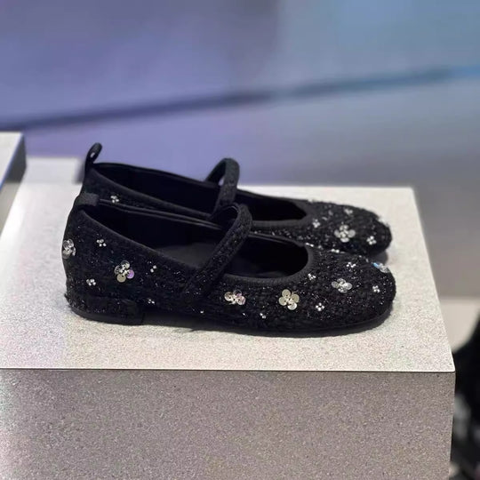 Damen Ballerinas mit floralem Glitzer-Akzent und verstellbarem Riemendesign EB