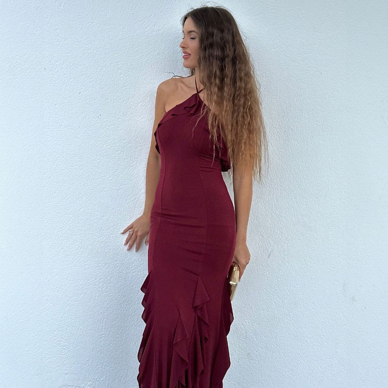 Damen Elegantes Maxikleid mit raffinierten Rüschendetails und taillierter Silhouette EB