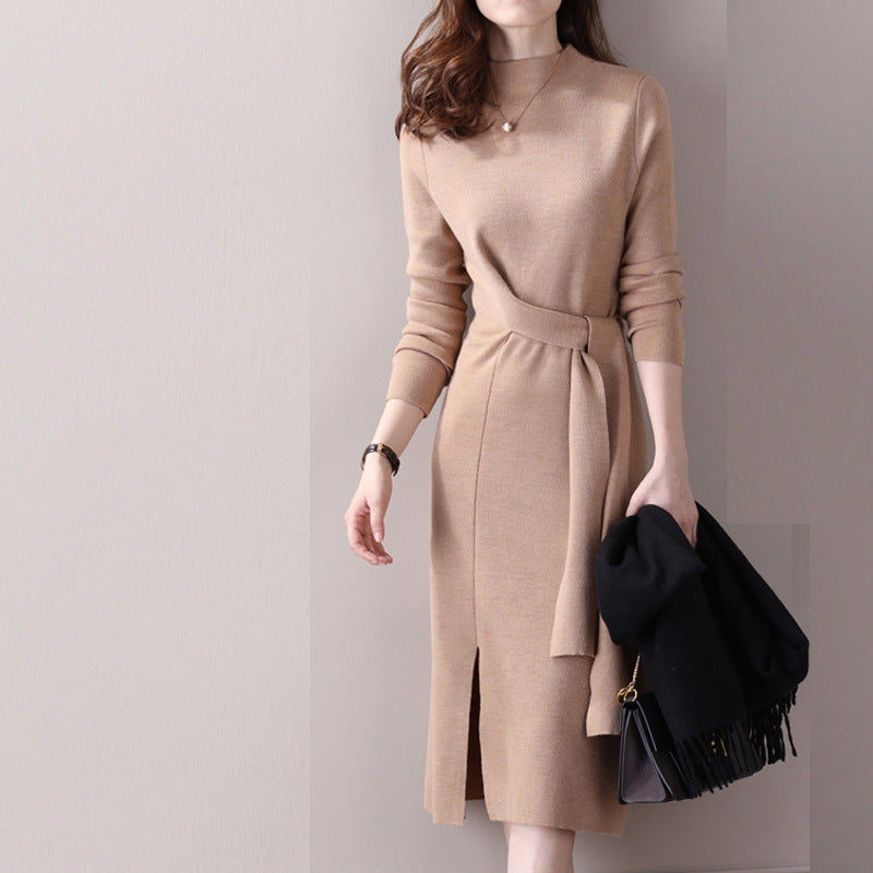 Damen Elegantes Strickkleid mit seitlichem Schlitz und tailliertem Gürtel EB