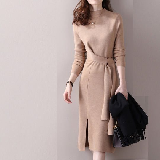 Damen Elegantes Strickkleid mit seitlichem Schlitz und tailliertem Gürtel EB