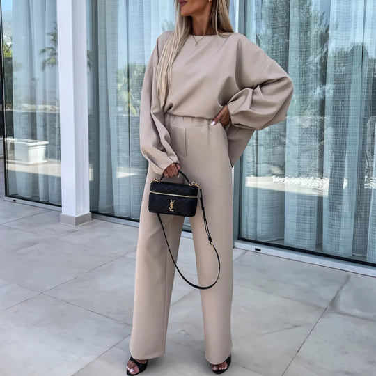 Damen elegantes Zweiteiliges Set mit oversize Bluse und weitem Hosen EB