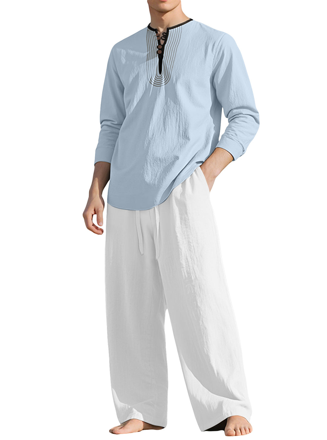 Herren nan Tunika- und Palazzohose-Set mit Henley-Blende, Zierstickerei und weitem Schnitt EB