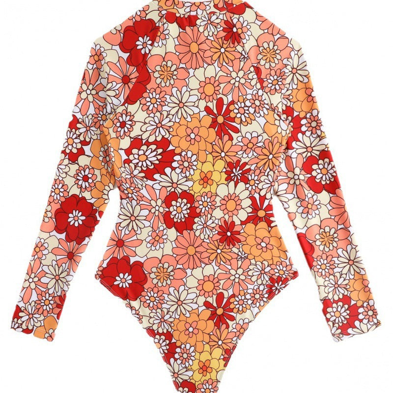 Damen Langarm-Badeanzug mit floralem Design und herausziehbarem Reißverschluss EB