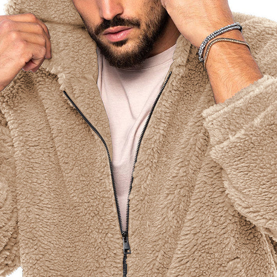 Herren kuschelige Teddyjacke mit seitlichen Reißverschlusstaschen und Kapuze EB