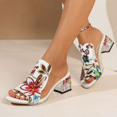 Damen Riemchen-Mules mit floralem Design und komfortablem Blockabsatz EB