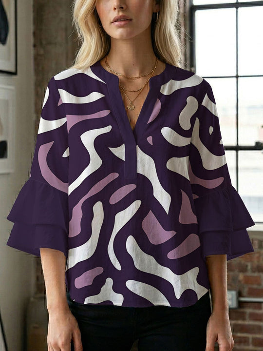 Damen Blusenshirt mit voluminösen Ärmeln und kreativem Druckdesign EB