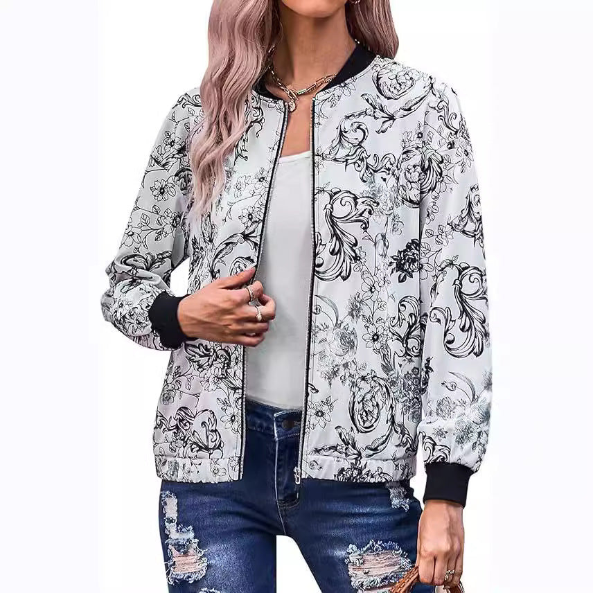Damen Bomberjacke mit floralen Motiven und elastischen Bündchen EB