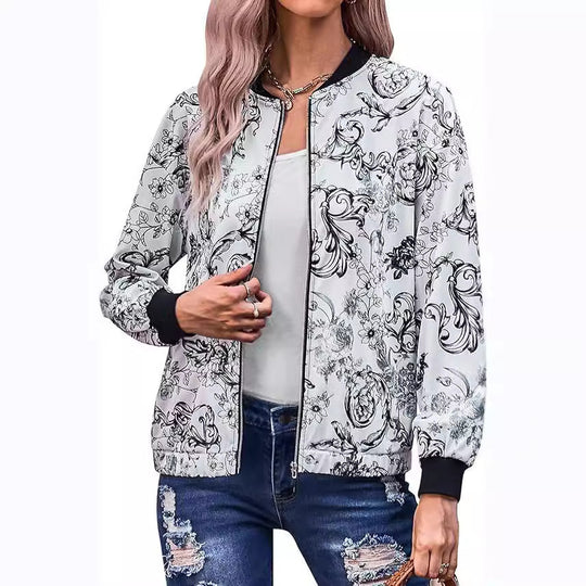 Damen Bomberjacke mit floralen Motiven und elastischen Bündchen EB