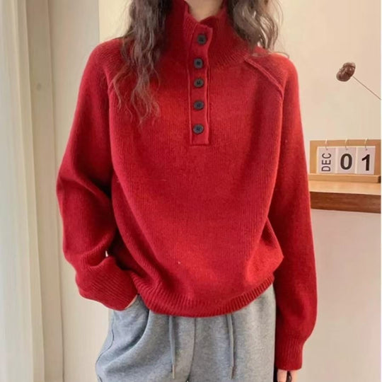 Damen Strickpullover mit Stehkragen und Knopfdetails EB