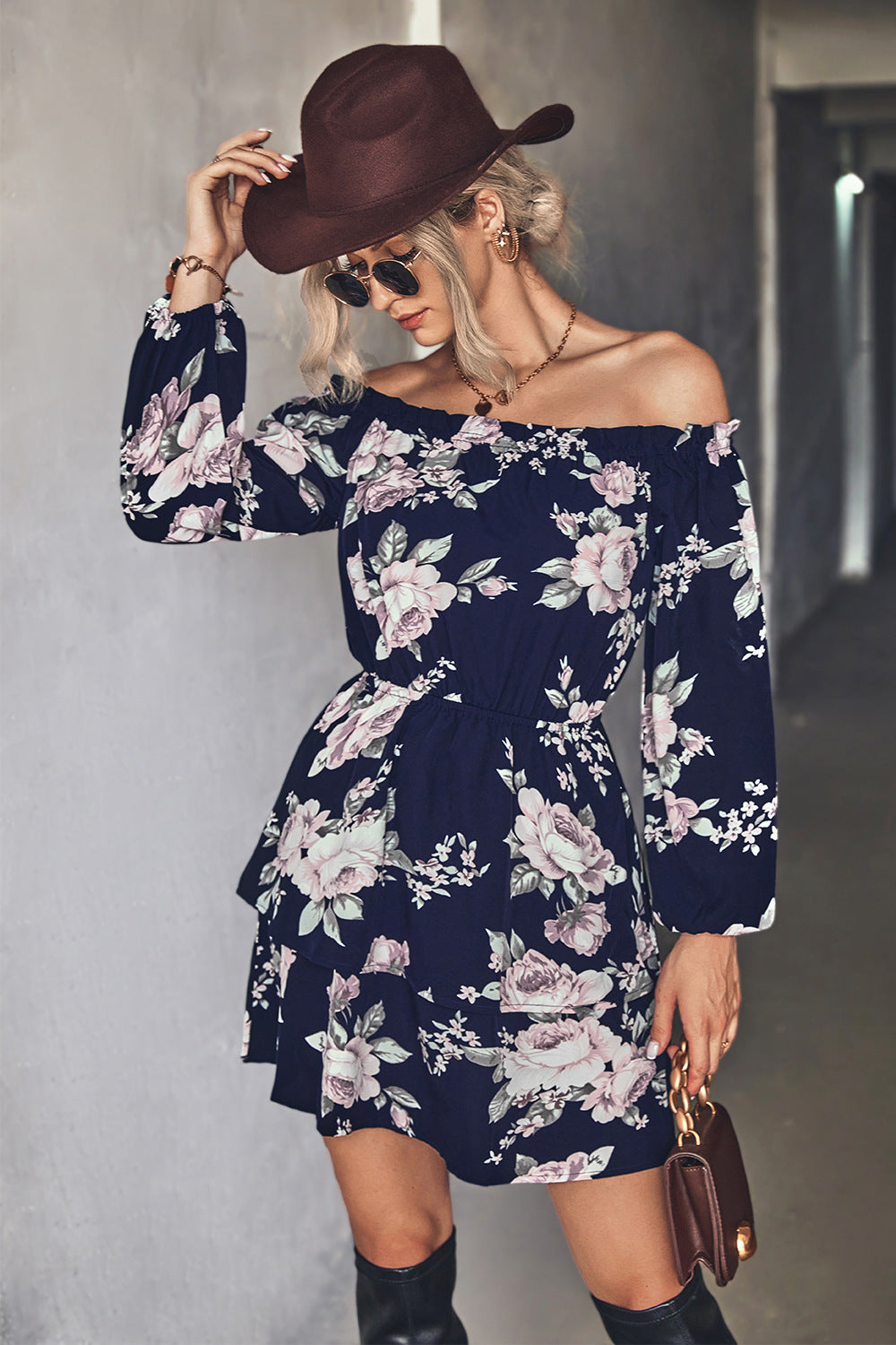 Damen Off-Shoulder Minikleid mit floralem Druck und Rüschensaum EB
