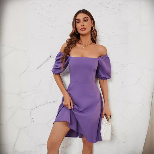 Damen Off-Shoulder Kleid mit Puffärmeln und schwingendem Rock EB
