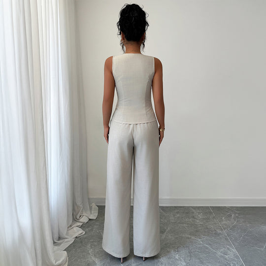 Damen elegante Hose-Anzug mit tailliertem Oberteil und Knopfdetails EB