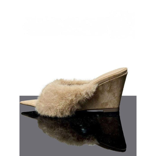 Damen elegante offene Mules mit flauschigem Besatz EB