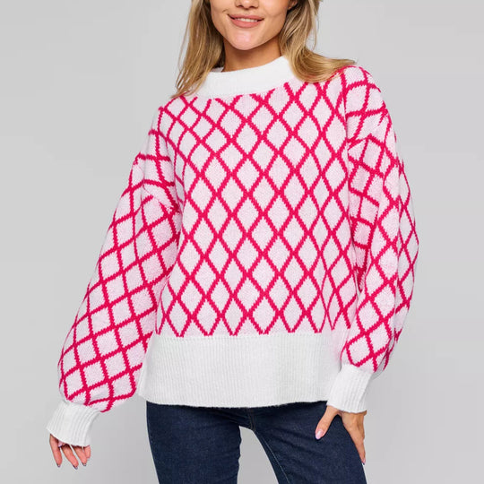 Damen lässiger Pullover mit modernem Rautenmuster und lässigem Schnitt EB