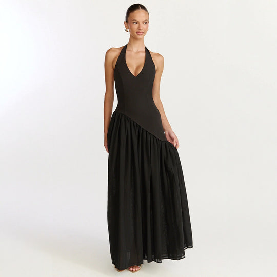 Damen Maxikleid mit tiefem V-Ausschnitt und asymmetrischem Rock EB