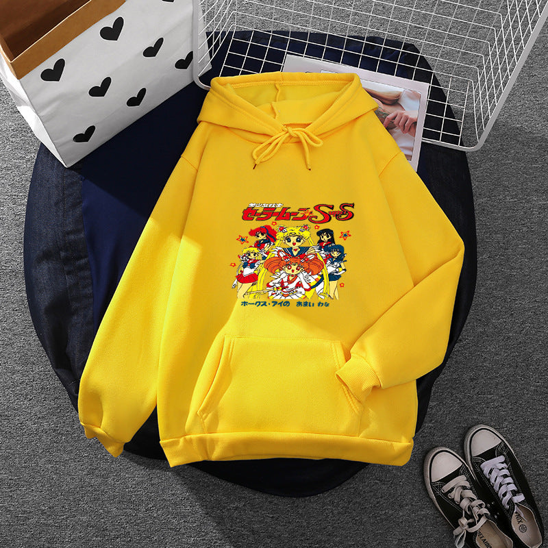 Damen nan Oversize-Kapuzenpullover mit gerautem Fleecefutter, Retro‑Anime‑Print und Kängurutasche EB