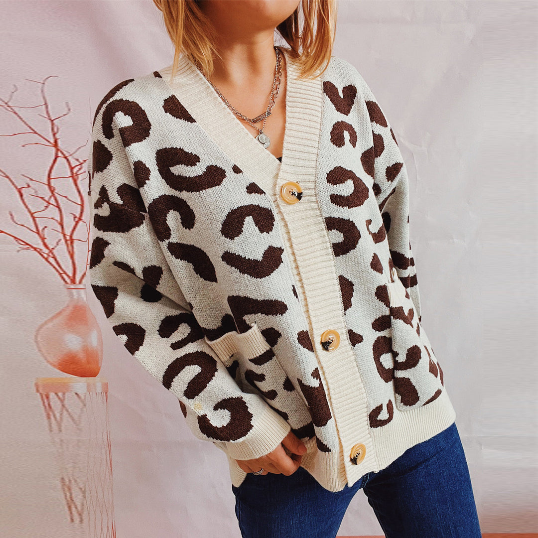 Damen grob gestrickte Cardigan mit tierischem Leopardenmuster und Knopfdetails EB