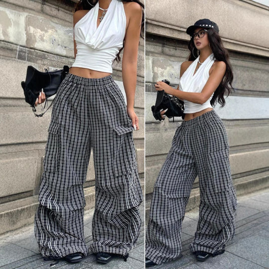 Damen Karierte Cargo-Hose mit niedrigem Schritt und praktischen Taschen EB