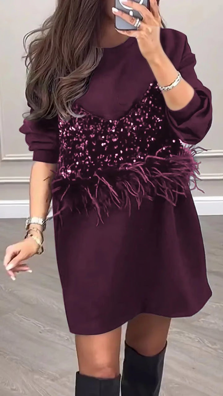 Damen Designer Kleid mit Pailletten- und Federdetails Heidi-Mode