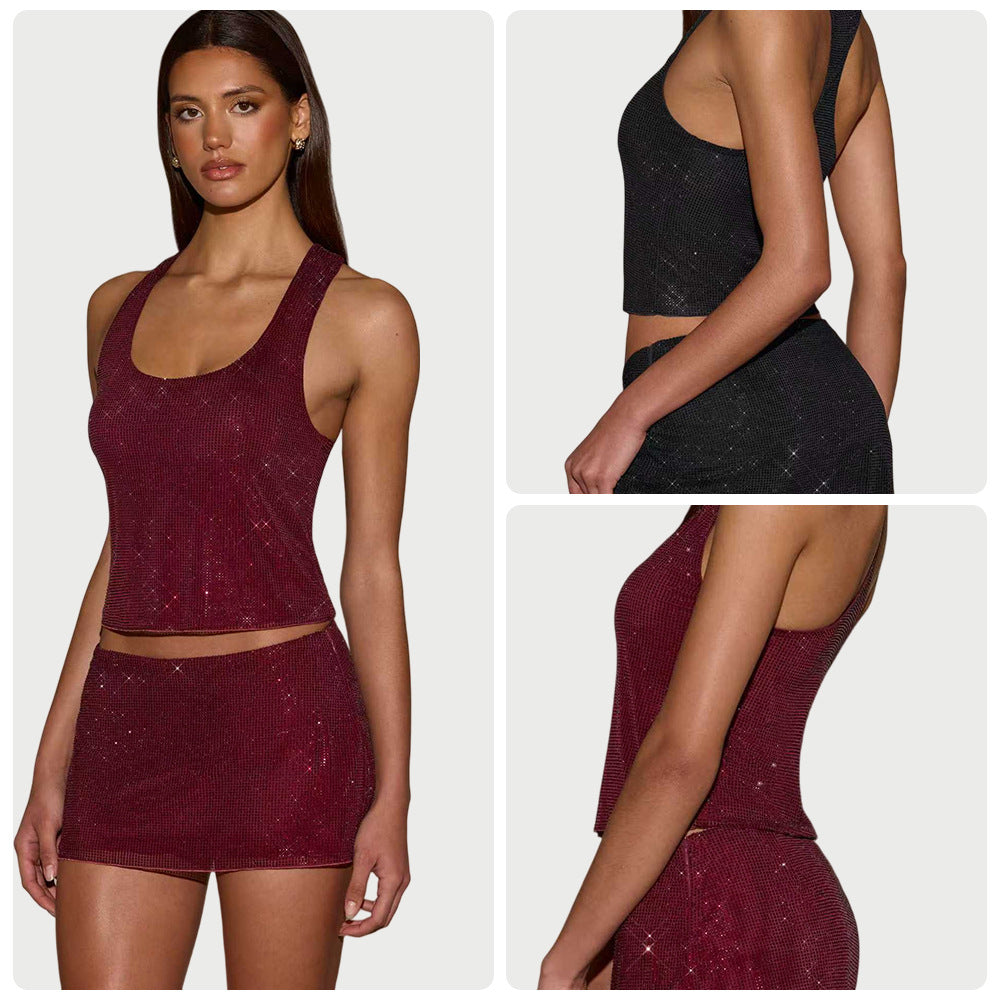 Damen Glitzerndes Sport-Set mit ärmellosem Oberteil und kurzem Rock EB