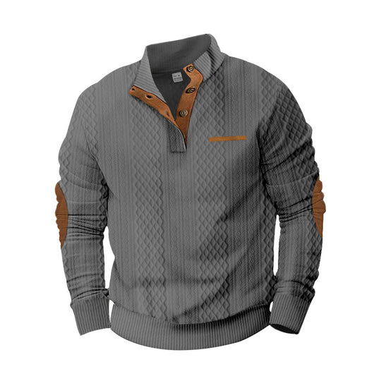 Herren Strukturiertes Kabelstrick-Sweatshirt mit Halbknopfblende, Kunstleder‑Patchtasche & Ellbogenpatches EB
