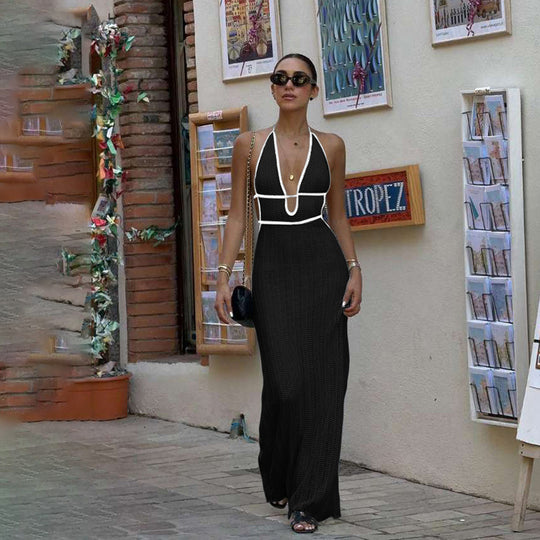 Damen Strick Maxikleid mit tiefem V-Ausschnitt und Bindebändern EB