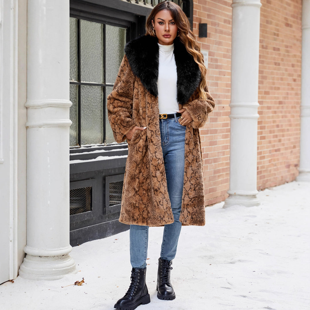 Damen Eleganter Kunstpelzmantel mit breitem Kragen EB