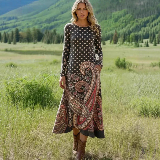 Damen Maxikleid mit Paisley‑ und Polka‑Dot‑Print, langärmeliges A‑Linien‑Jerseykleid EB