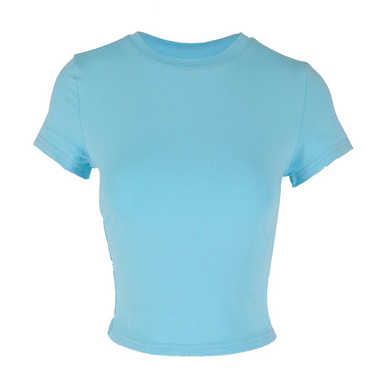 Damen figurbetontes Crop-Top mit Rundhalsausschnitt und elastischem Material EB