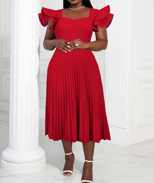 Damen plissiertes Maxikleid mit eleganten Rüschendetails EB