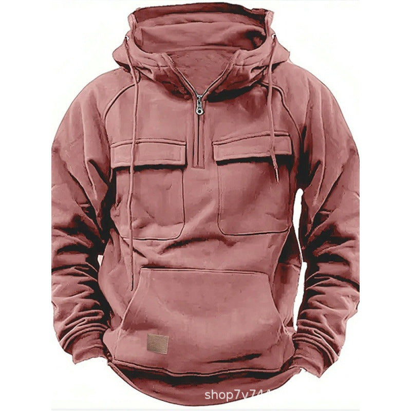 Herren nan funktionaler Kapuzenpullover mit halbem Reißverschluss, aufgesetzten Brusttaschen und Kängurutasche EB