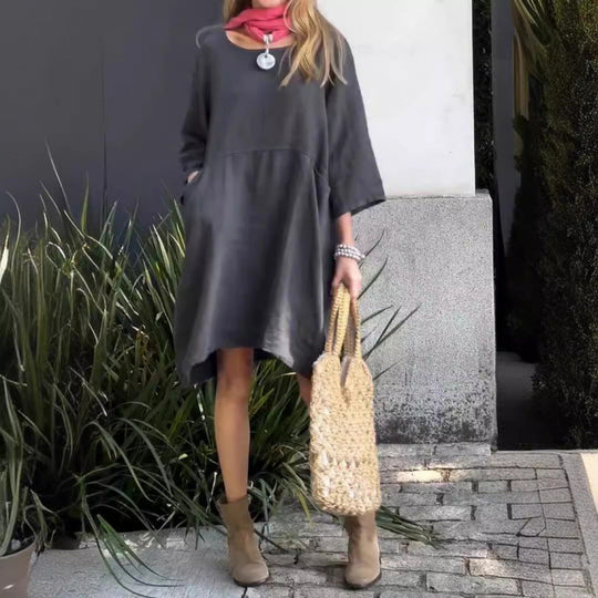 EB | Lässiges einfarbiges Kleid aus Baumwolle mit Taschen