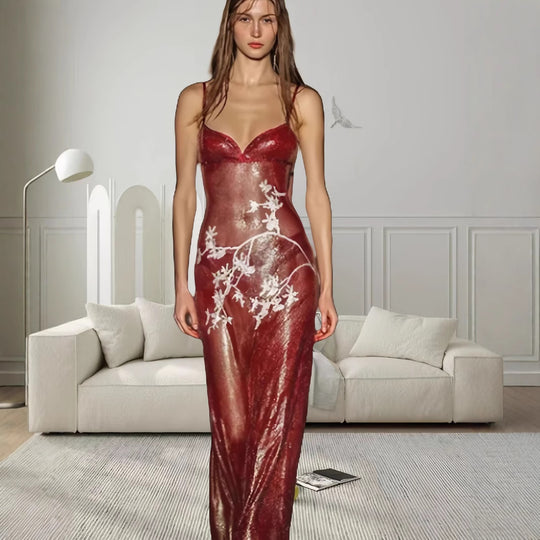 Damen elegantes V-Ausschnitt Abendkleid mit floralem Stickmuster und schmalem Schnitt EB