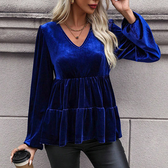 Damen samtiges Volant‑Peplum‑Top mit V‑Ausschnitt, geraffter Taille und langen Ballonärmeln Eichborn Berlin