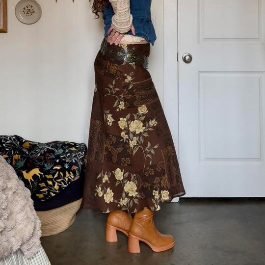 Damen Maxi-Rock mit floralem Design und transparenter Chiffon-Überlage EB
