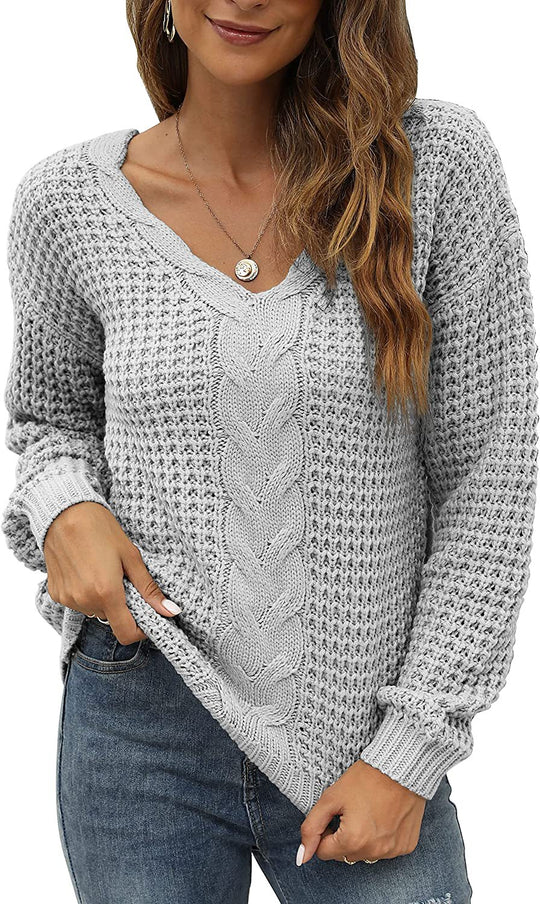 Damen lässiger Strickpullover mit tiefem V-Ausschnitt und detailliertem Zopfmuster EB
