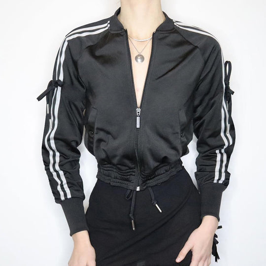 Damen nan sportive Zip-Jacke im Bomberstil mit seitlichen Streifen, Ärmel-Bindebändern und Kordelbund EB
