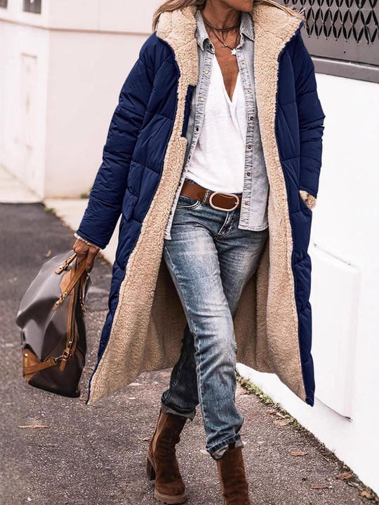 Damen lange Steppjacke mit kuscheligem Teddyfutter und großem Revers EB