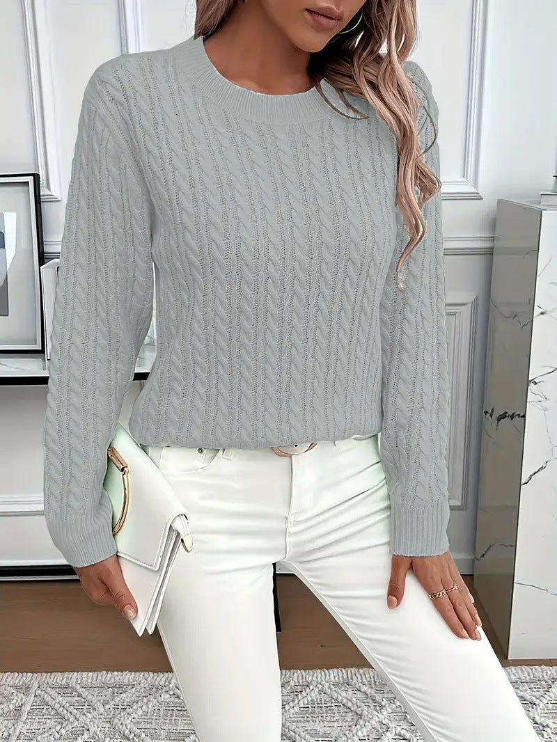 Damen nan Feinstrick-Zopfmuster Pullover mit Rundhalsausschnitt und tailliertem Schnitt EB